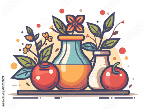 Vector illustration of apple cider vinegar in glass bottle with fruits and flowers.