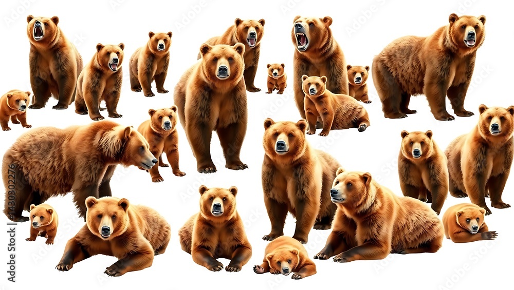 Fototapeta premium Wildlife animals bears banner panorama long - Collection of standing, sitting, screaming, lying group of brown bear (ursus arctos) , isolated on white background