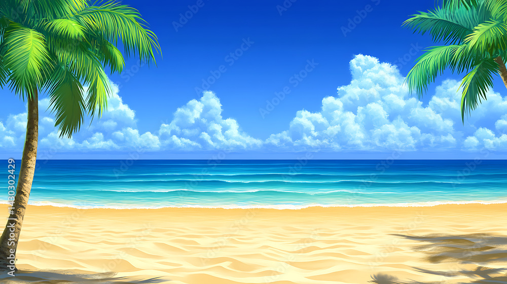 A beach with a palm tree in the foreground and a blue sky in the background A beach with a palm tree in the foreground and a blue sky in the background