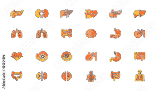 Icons of organs,large intestines, small intestines, brain, eyeball, pancreas, kidney, galbladder, stomach, liver, heart, lungs