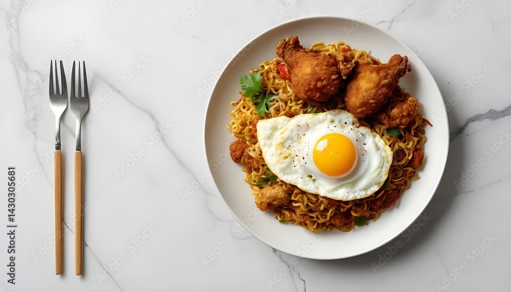 Flat Lay of Indomie Goreng with Fried Chicken and Egg on Marble Table with 24mm Lens Flat Lay of Indomie Goreng with Fried Chicken and Egg on Marble Table with 24mm Lens
