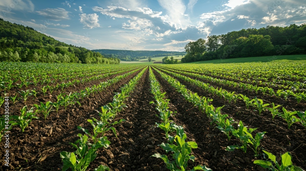 Lush green cornfield stretching under a bright blue sky with fluffy white clouds. Lush green cornfield stretching under a bright blue sky with fluffy white clouds.
