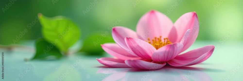 Delicate flower petals unfolding on a pristine surface, blossom, leafy greens, single flower Delicate flower petals unfolding on a pristine surface, blossom, leafy greens, single flower