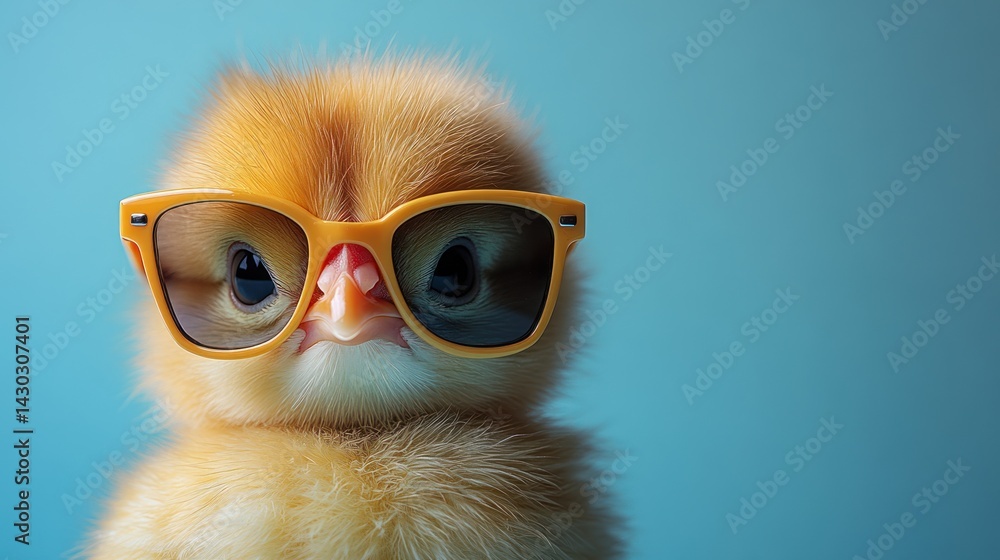 Small yellow chick wearing glasses against a blue background close up. Small yellow chick wearing glasses against a blue background close up.