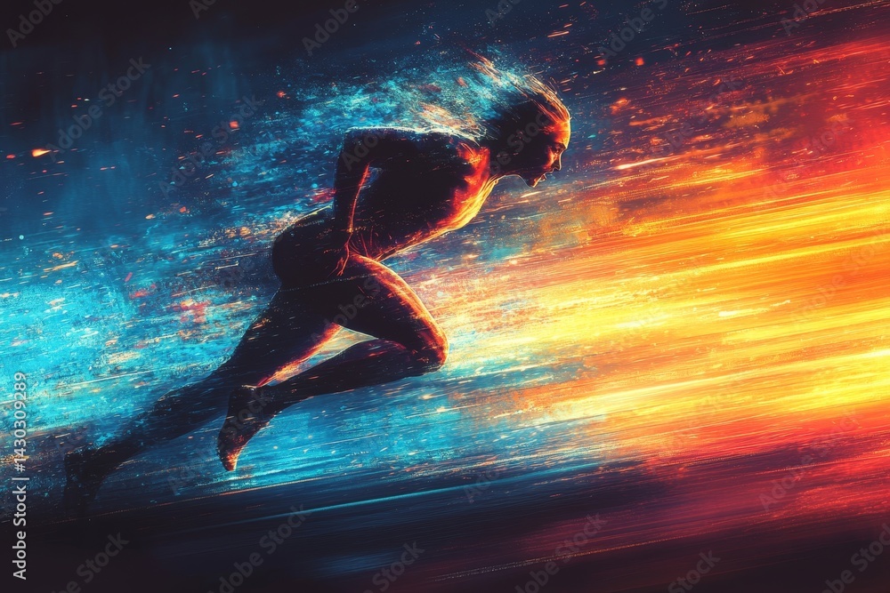 Runner speeding, fiery trail, cosmic backdrop; motion, speed, energy, competition Runner speeding, fiery trail, cosmic backdrop; motion, speed, energy, competition