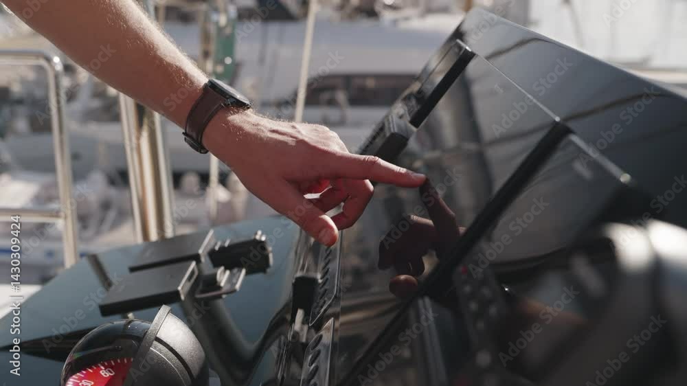 Setting navigation controls on luxury yacht dashboard, close up Setting navigation controls on luxury yacht dashboard, close up