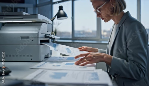 A professional businesswoman reviewing printed documents while standing near a printer in a modern office