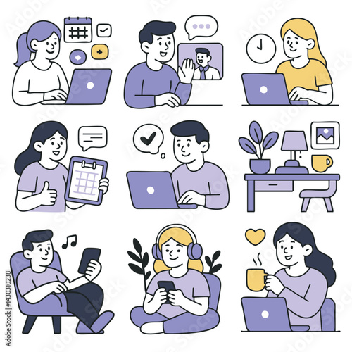 Digital illustrations depict various individuals engaged remote work and leisure activities, showcasing blend of productivity and relaxation. scenes include people using laptops, attending video