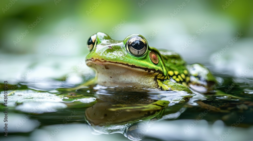 Close-up of a vibrant green frog resting on a lily pad in tranquil water. Close-up of a vibrant green frog resting on a lily pad in tranquil water.