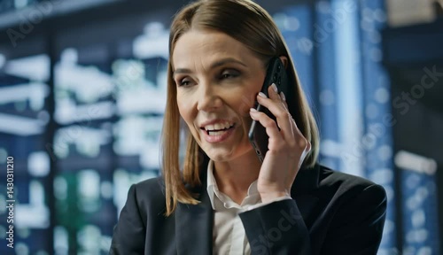 A professional businesswoman smiling while talking on the phone in a modern office environment
