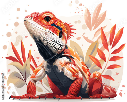 Red iguana on a background of leaves. Vector illustration, eps 10