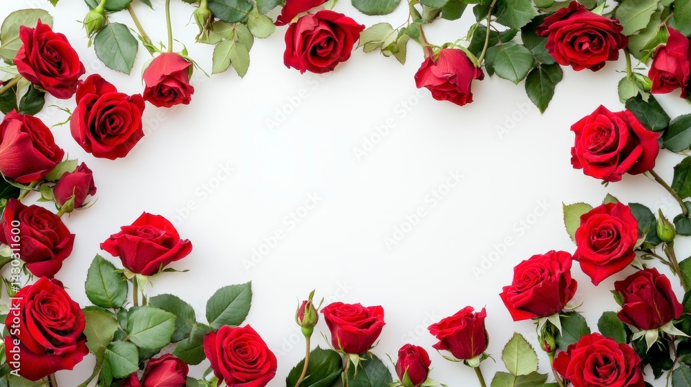 Red roses frame on white background with copy space.