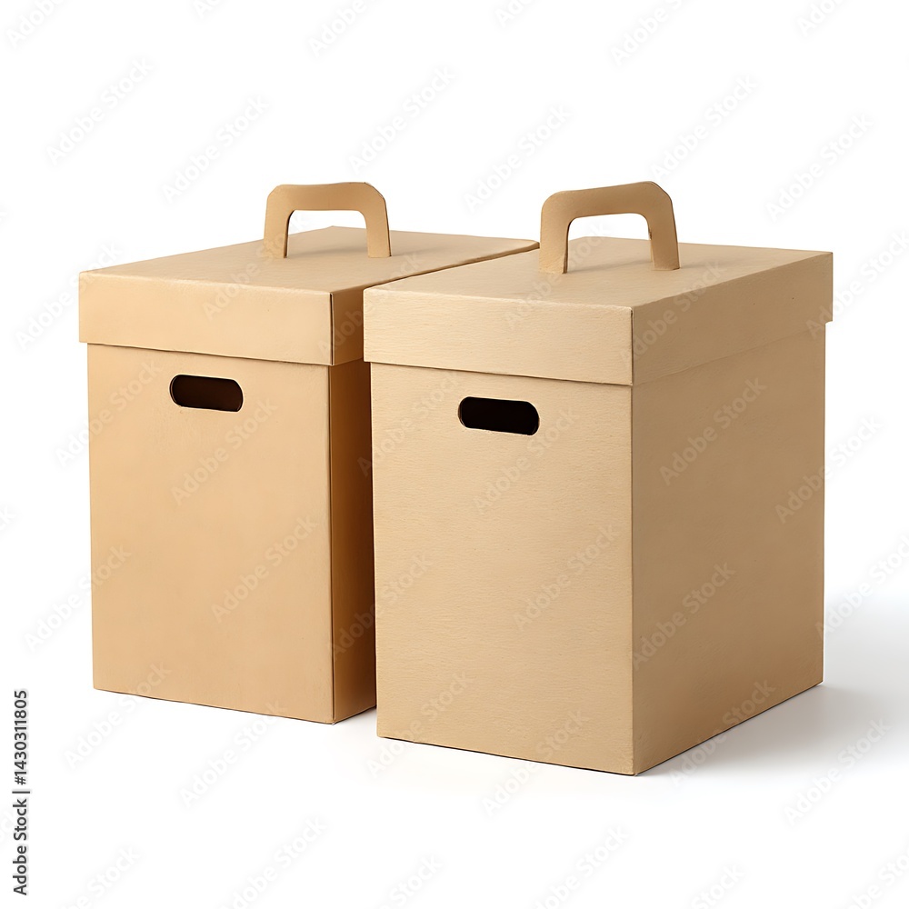 Two cardboard boxes with handles and lids, isolated on white background Two cardboard boxes with handles and lids, isolated on white background