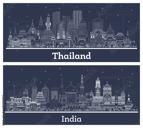Canvas Print Outline India and Thailand City Skyline set with white Buildings