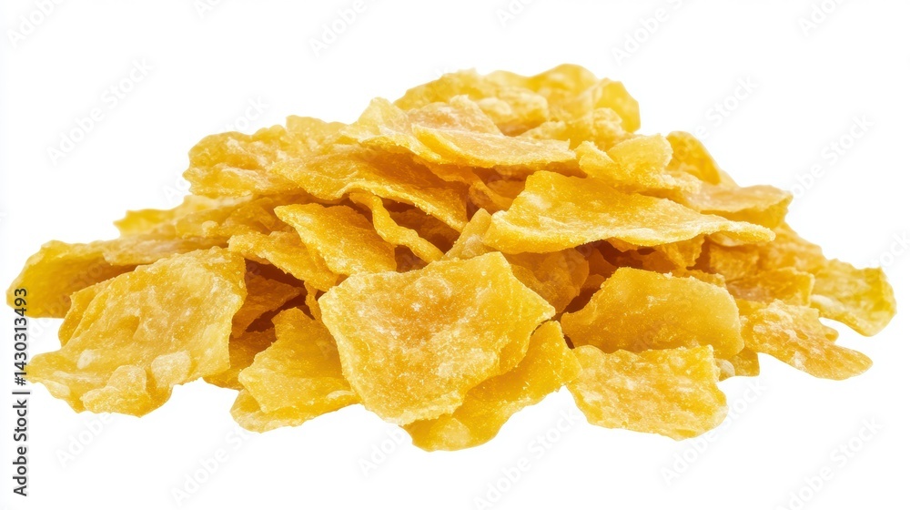 A close-up shot of a pile of corn flakes cereal isolated on a white background.