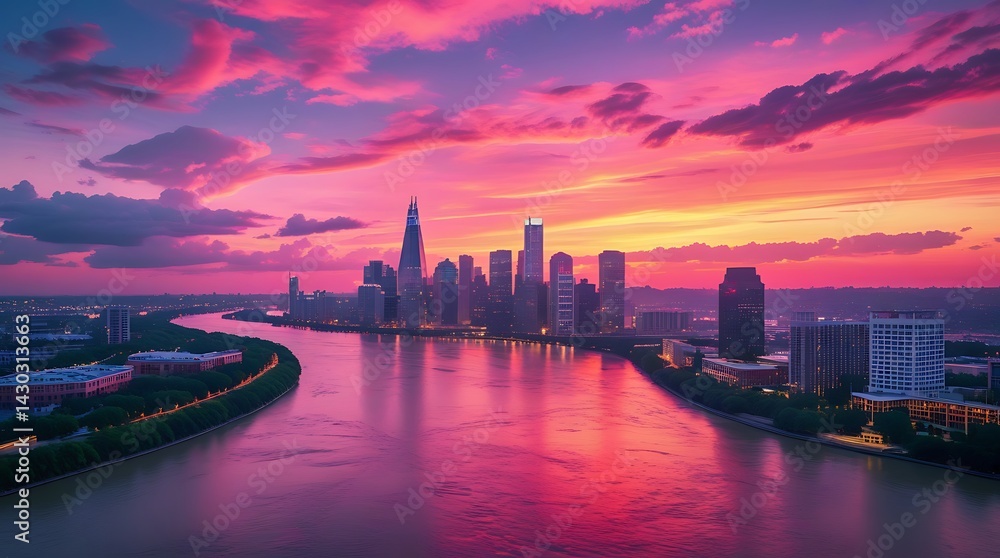 Fototapeta premium A breathtaking view of a city skyline at sunset, with dramatic clouds and vibrant colors reflecting on the river, highlighting the beauty of urban landscapes at twilight.