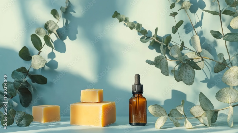 Natural soap bars and essential oil bottle with eucalyptus leaves on a light blue background.