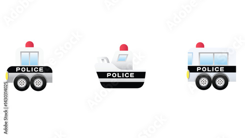 design featuring various police vehicles, showcasing elements like patrol cars, emergency lights, and sirens