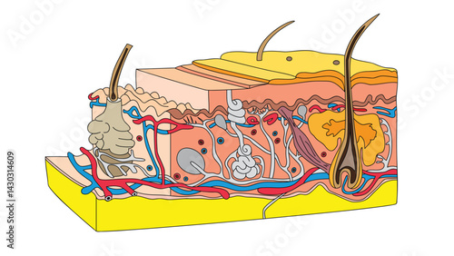 Detailed illustration of human skin anatomy showing epidermis, dermis, and subcutaneous layers with hair follicles, glands, and nerves for educational and medical purposes