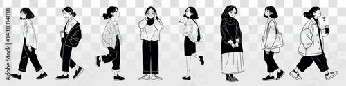 Stylish diverse monochrome characters, element vector set
