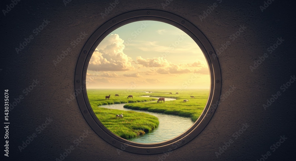 Fototapeta premium Scenic landscape view through circular window showcasing greenery