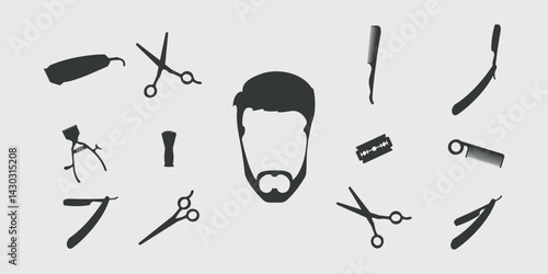Barber shop icons for men's beard and hair care. Black silhouettes of icons