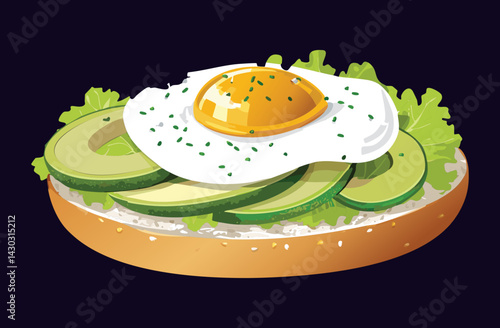 Slice Bagel Bread with Avocado and Poached Egg - Vector Illustration