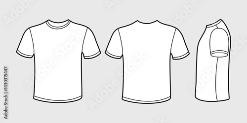 three types of white short-sleeved T-shirt: front, back and side. The T-shirt has a simple design with a round neckline without additional details.