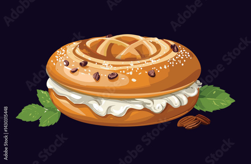 Cinnamon Raisin Bagel with Cream Cheese - Vector Illustration