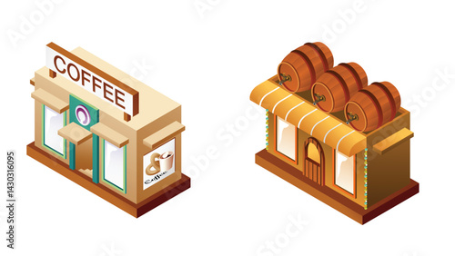 Isometric game assets of a coffee shop and a beer shop, featuring detailed storefronts, seating areas, and decorative elements