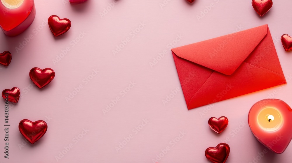 Romantic Valentine's Day background with red hearts, candles, and envelope.