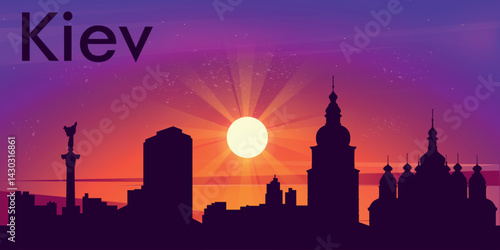 stylized illustration of Kyiv, Ukraine city skyline against the background of bright sun with rays and rich shades of purple, orange and pink sky