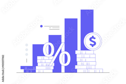 Wealth money business chart currency financial stock. Concept or success economy marketing strategy earning. Graph financial with coins. Flat Cartoon Vector Illustration, icon. Stylish abstract design