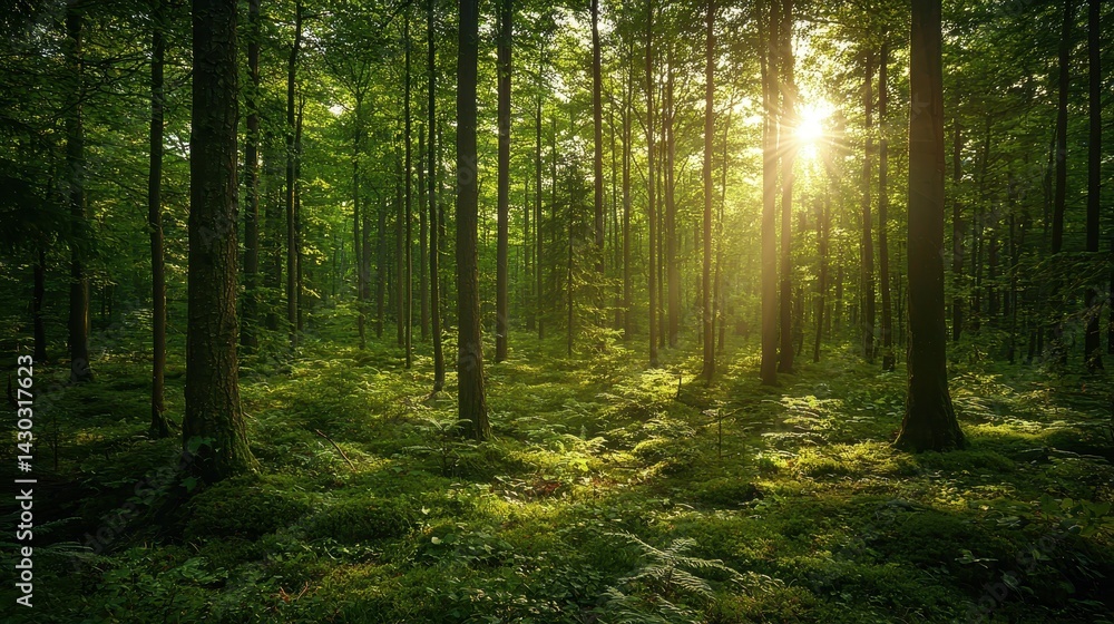 Obraz premium Serene forest with sunlight filtering through lush green trees.