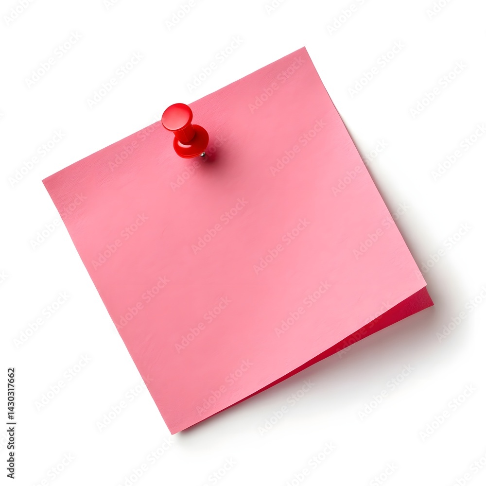 A single pink sticky note (Post-it) pinned with a red pushpin, isolated on a white background. The note is slightly rotated, and the pin is placed near the top center of the note A single pink sticky note (Post-it) pinned with a red pushpin, isolated on a white background. The note is slightly rotated, and the pin is placed near the top center of the note