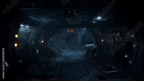 Abandoned spaceship interior with dim lighting and debris  