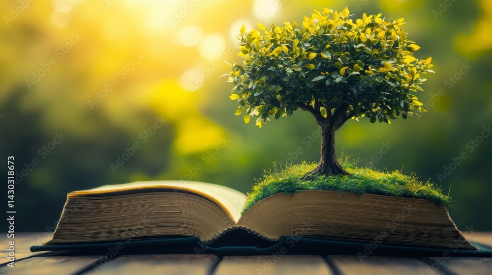 Small tree growing from open book pages on wooden table, sunlight.