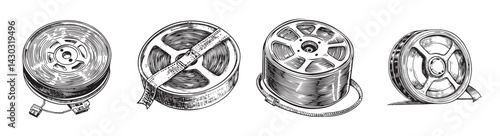 Vintage Film Reels Collection with Different Types of Movies and Angles, logo design, engraving design, vector illustration