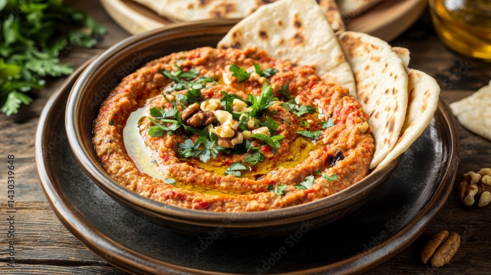 Roasted red pepper dip with walnuts and pita bread in a rustic bowl.