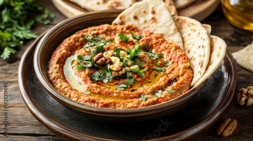Obraz na płótnie Roasted red pepper dip with walnuts and pita bread in a rustic bowl. w salonie