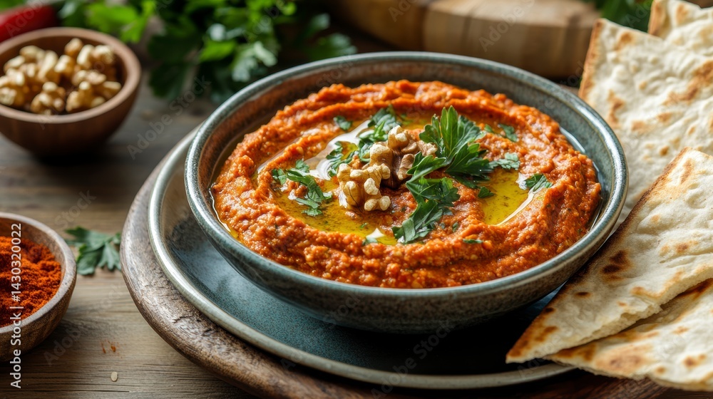 Bowl of muhammara dip with walnuts, parsley, and olive oil, served with pita bread.