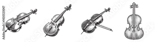 Historical Illustrations of Classic Violins in Four Unique Angles, logo design, engraving design, vector illustration