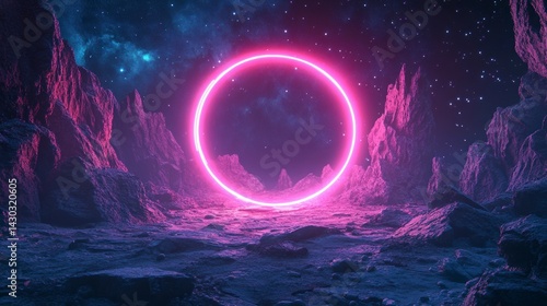 Obraz na płótnie Pink neon ring in an alien landscape with starry sky and rocky mountains. w salonie