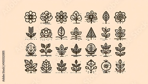 Outlined nature symbol in line art style, flower or tree highlighted among a set, earthy color tones and isolated clean vector background