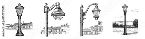 Vintage Street Light Illustrations in Black and White Style, vintage retro hipster logo design, vector illustration, engraving design
