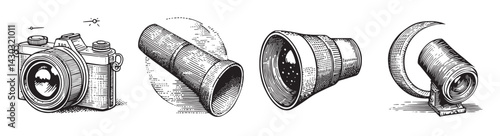 Vintage Camera and Lens Illustrations in Engraved Style Artwork, vintage retro hipster logo design, vector illustration, engraving design