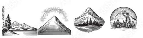 Vintage Mountain Landscape Illustrations in Black and White Style, vintage retro hipster logo design, vector illustration, engraving design