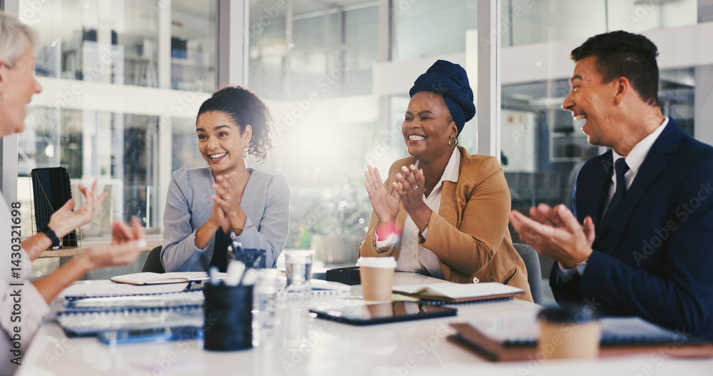 Applause, success and teamwork with business people in meeting for project approval, achievement and deal. Promotion, congratulation and revenue growth with employees in office for profit bonus