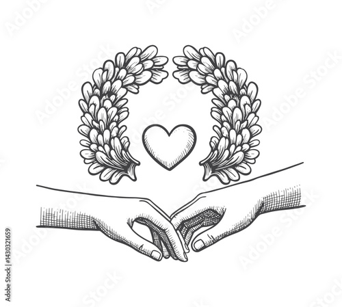 Couple in love hold hands engraving vector. hand loved doodle vector