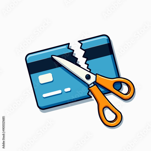 cutting credit card with scissors  blue and white illustration